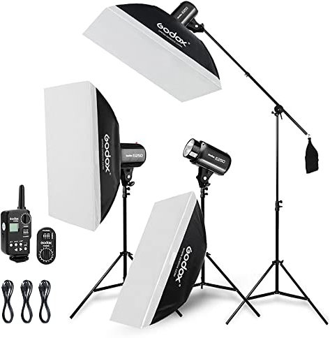 Godox Kit de Flash stroboscopique de Studio Professionnel pour la Photographie, 3 Pack 250W stroboscopique avec déclencheur stroboscopique, Boîte à lumière, Supports de lumière, Bras de Suspension