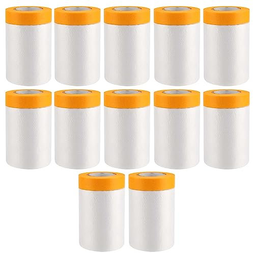 PINGEUI 12 Rolls 55 CM x 20 M Plastic Dust Sheets Roll, Masking Film Roll with Orange Tape Adhesive Dust Sheet Roll for Home, Dormitory and Office