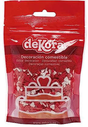 dekora - Confeti Sprinkles Reposteria Comestible - Corazones de Azúcar Rojos y Blancos Adornos Comestibles para Tartas y Cupcakes - 100 g