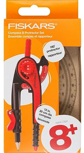 Fiskars Plastic Compass and Protractor Set, Math Geometry Kit for Kids 8+, School Supplies, Includes Pencil, Color Varies