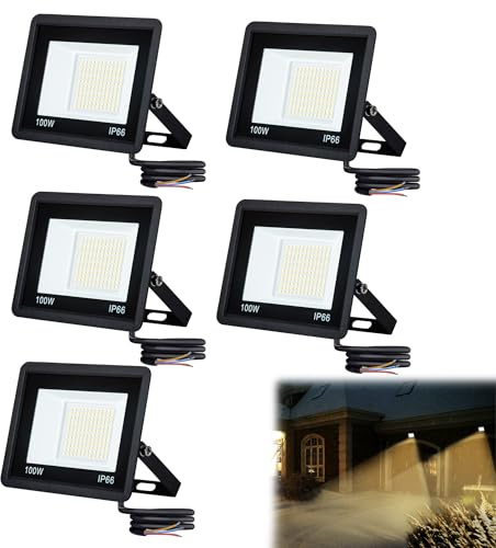 YRHome 5x 100W LED Strahler Außen Superhell LED Scheinwerfer Außen IP66 Wasserdicht Flutlicht LED Fluter Warmweiß 7000LM Aussenstrahler Flutlichtstrahler Baustrahler für Hof, Garten, Lager, Hof