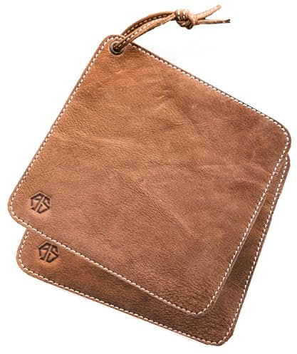 Angus Stoke Topflappen aus Büffelleder - hochwertiges Echtleder - handgemachte und hitzebeständige Küchentopf-Lappen & Topfuntersetzer aus Leder Fran (2X Braun)