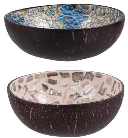 LIFKOME 2 cuencos de cáscara de coco Tazón de arroz de madera Tazón de aperitivo Acai Bowl Frutero Tazón de arroz Cuencos de fideos Tazón de sopa Tazón natural Tazón de almacenamiento Recipiente de