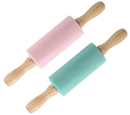 VOSSOT Lot de 2 rouleaux à pâtisserie en silicone avec manche en bois - 23 x 4,2 cm - Surface anti-adhésive - Pour enfants, pâtisserie, gâteaux, pizzas, fondants, cookies