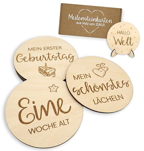 ZUKLA® Meilensteinkarten Baby Holz - 30 Karten Baby Meilensteine Deutsch - Geschenke für Werdende Mütter - Babyparty Geschenk - Meilensteine Baby Holz - Hallo Welt Baby Holzschild - Partygeschenke