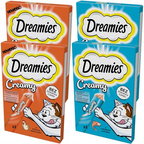 Dreamies Katzenleckerlis Creamy Snacks mit Lachs und Huhn Set mit 4 Packungen (16 Portionen à 10g)