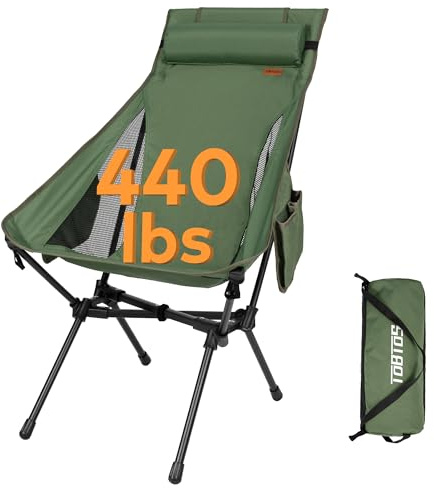 TOBTOS Portable High Back Camping Chair, Support 440 lbs, Ultralight Folding Chair with Head Support, Compact Backpacking Chair for Outdoor Camp Backpacking Fishing (Green)