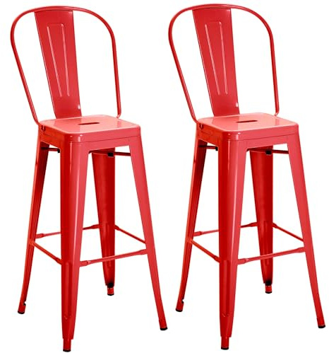 HOMCOM 2er-Set Industrie-Küchenhocker mit Abnehmbarer Rückenlehne und Fußstütze, Moderne Metallhocker, 44x49x116 cm, Rot
