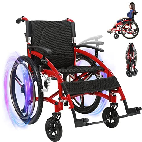 SaryEdge Sportrollstuhl für Erwachsene mit anhebbarem Handlauf, leicht, zusammenklappbar, selbstangetrieben, ergonomisch, manuell, 15,5 kg, Aluminium, stoßdämpfender Fahrwagen,(