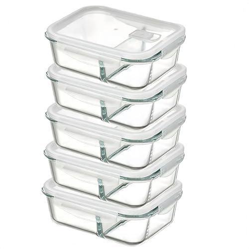 simpa Meal Prep Glass Food Storage Containers 5 Pack with Snap Lock Leakproof Lids, Reusable Microwave safe BPA-free Lunch Boxes 1020ml Glass Food Containers with 2 Portion Compartment