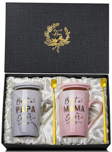 Classy New Parents Gifts Set - 14oz Papa & Mama | Mum & Dad Coffee Mugs | Gold Print Cup with Lid, Spoon, Card & Luxury Gift Box, Pink & Gray, for Sweet Pregnancy Announcement, Baby Shower, Christmas