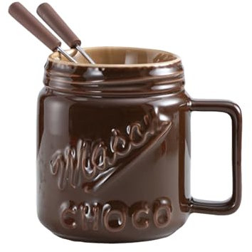 toxaaiwr Fondue Pot Cup, Mini Chocolate Cheese CandyFondue Mug, Ceramic Fondue Mugs Gift Set, with Forks, 130ml Multi-Function Butter Warmer for Caramel Tapas Brown