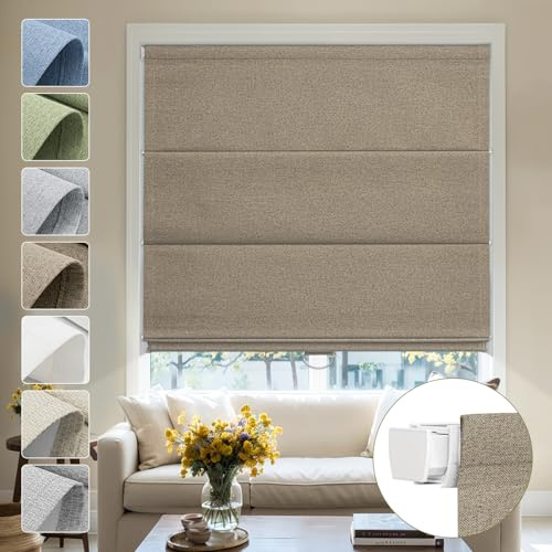 Moonice No Drill Roman Blinds for Windows Blackout Cordless Linen Roman Shades Elegant Fabric Shades for Indoor Windows,Thermal Insulated Tension Blinds for Bedroom Home (Sandy Brown,Custom Size)