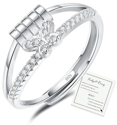 HEEYA Anxiety Ring für Damen Silber 925 Angstring mit 5A Zirkonia Offen Verstellbar Anti Stress Ring mit Perlen Spinner Fidget Ringe Frauen Hypoallergen Stimmungsring gegen Stress
