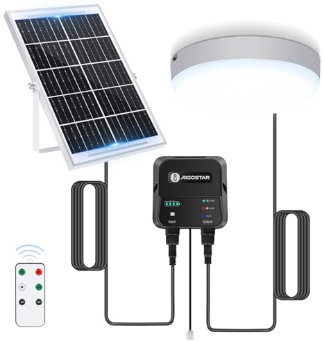 Aigostar Solarlampe Decke Außen 70W LED Solar Deckenleuchte Outdoor mit Fernbedienung, Energiespeicherbox, IP65 Wasserdicht, Einstellbare 6500K, Solarlampen für Innen mit 8m Kabel