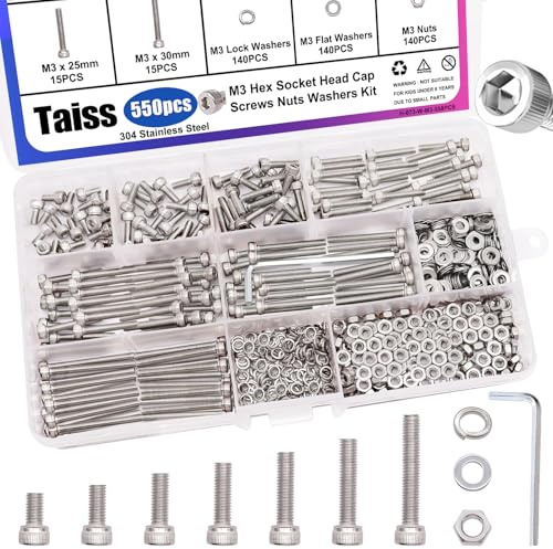 Taiss Set di 550 viti M3, M3 x 6/8/12/16/20/25/30 mm, viti esagonali con esagono incassato, viti, dadi, rondelle, assortimento, set di viti per macchina in acciaio inox 304 con chiave
