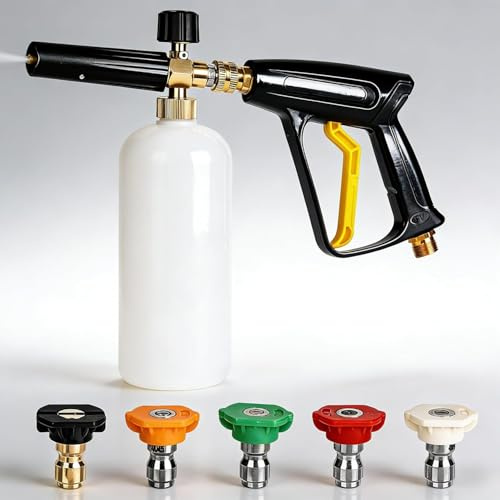 Pressure Washer Foam Cannon Lance Gun, 1L Adjustable 1/4 Quick Release Foam Cannon, 4000PSI Snow Foam Gun with 5 Water Nozzle Tip, Snow Foam Lance Soap Dispenser for Garden Cleaning,Car Washing