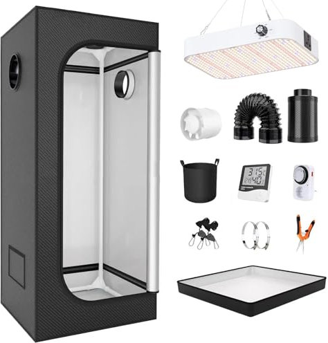 Complete Grow Tent Kit with 200W Dimmable Full Spectrum LED Grow Lights 60x60x140cm Indoor Hydroponics Grow Tent for Optimal Plant Growth White Light