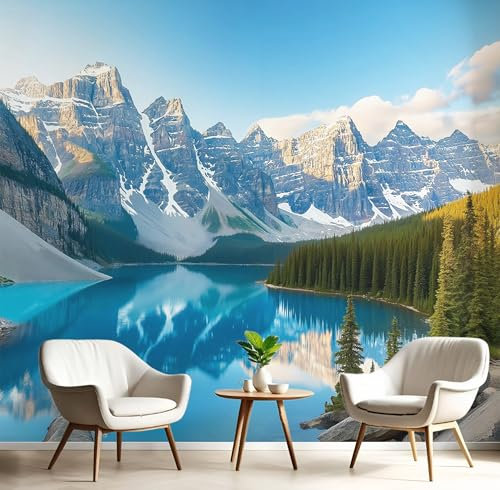 JSCWDET Papel Tapiz Fotográfico 350 × 256 Cm（Anchura × Altura,Bosque Verde Natural Papel Tapiz Decorativo, Tela De Seda Decoración De Pared Sala Cuarto Lago Azul