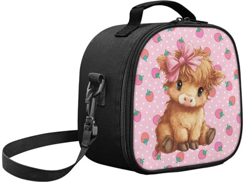 POLERO Bolsa de almuerzo con diseño de vaca de las tierras altas de fresa para niñas, bonita lonchera aislada pequeña
