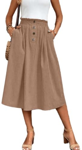 seiveini Midi Jupe Femme Été Taille Élastique Jupes Mid Longue Boheme Chic Élegant Couleur Unie A Kaki Taille Unique