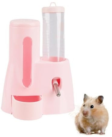 2 in 1 Hamster Water Bottle - Automatic Feeder Food Water Dispenser, Freestanding Cage Feeder with Food Bowl for Small Animals Like Gerbil, Rat, or Rabbit, Guinea Pig Water Bottle, Pink