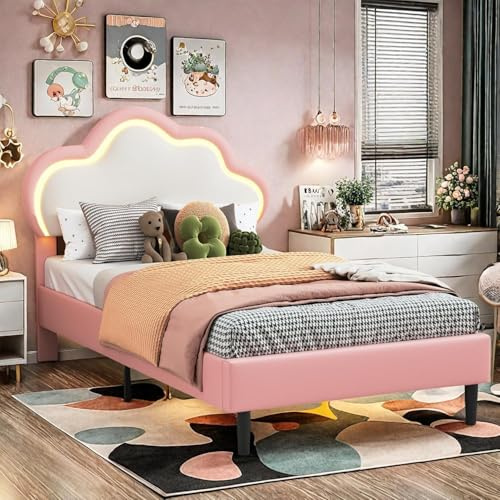FEEOHOME Barnsäng för flickor, 90 x 200 cm, vadderad enkelsäng för barn med justerbart LED-ljus, prinsesssäng med molnsänggavel, med höjdjusterbar LED-sänggavel, PU (rosa)