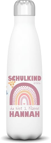 4you Design | Thermosflasche Schulkind in Pink mit Regenbogen – personalisiert mit Name und Jahreszahl – Einschulungsgeschenk Mädchen – Edelstahl 500ml – rosa – süße Flasche zur Einschulung