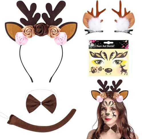 PYSEOSISE Reh Kostüm Damen, 5 Stück Rentier Kostüm Set, Rentier Haarreif und Reh Geweih Haarspangen mit Fliege Schwanz Gesichtsaufkleber für Damen Fasching Karneval Elch Cosplay