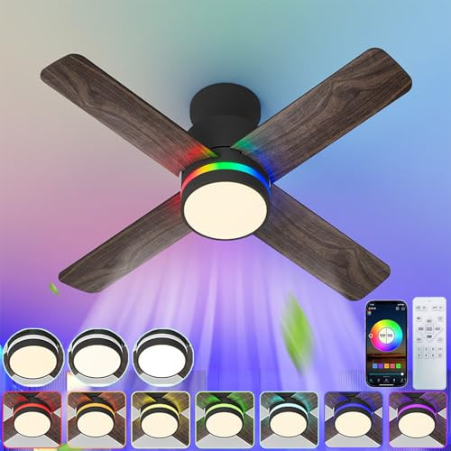 KZT Deckenventilator mit Beleuchtung 106cm RGB Dimmbar Ventilator Lampe LED Leise Deckenventilator mit Licht und Fernbedienung/APP-Steuerung, 6 Gang Umkehrbarer, für Schlafzimmer Wohnzimmer