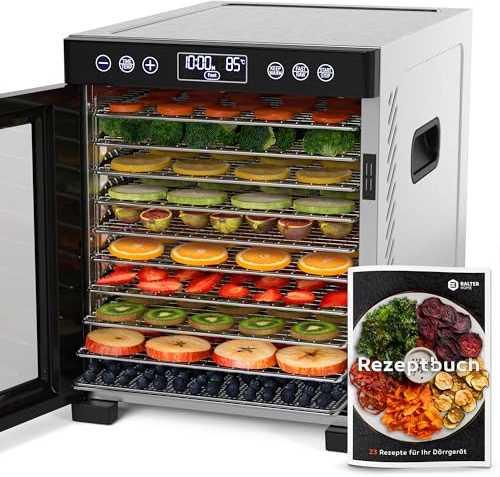 Balter Dörrautomat Edelstahl, Dörrgerät mit 10 Einlegefächern, BPA-frei, 700W, 8400 cm² Dörrfläche, 35°- 75 °C, Timer bis 48 Std, Dehydrator, Obsttrockner Dörrapparat Warmhaltefunktion, Rezeptbuch