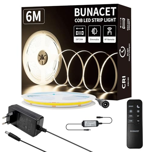 BUNACET COB Striscia LED Bianco Naturale 6M 24V Dimmerabile 4000K, 324 LEDs/M, 1944LED Alta Luminosità, CRI90+, con Alimentatore GS, Telecomando RF, Luci LED Tagliabile per Casa Camera Cucina | Telecomando RF per cucina, camera da letto, soggiorno, armadio, specchio