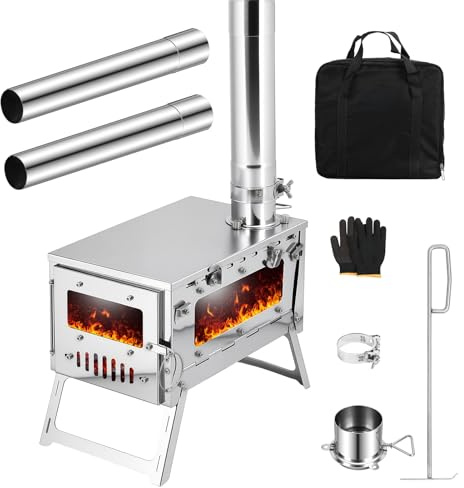Réchaud de camping pliable avec fenêtre en verre, poêle tente chaude acier inoxydable tuyau réglable, poêles à bois portables pour tente, légers la cuisine et le chauffage plein Acier inoxydab