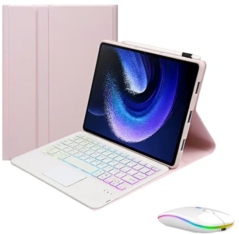 Funda con Teclado para Honor Pad 10 / Tablet 10 12,1 Pulgadas 2025 con Panel Táctil Retroiluminado en 7 Colores, Teclas Cuadradas Teclado Bluetooth 5.0 Ratón de Modo Dual(Pink)