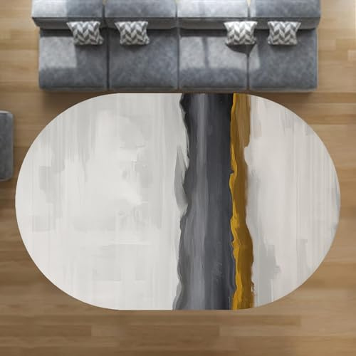 Moderner abstrakter großer, ovaler Teppich, 150 x 180 cm, für Wohnzimmer und Schlafzimmer, stilvoll, schwarz, grau, weiß und gelb, Kurzflor-Teppich, eleganter Heimdekor-Akzent