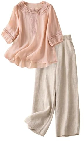Högkvalitativt set av bomull och linne för damer, broderad linneblusa, byxor med vida ben, tvådelat set av frotté-jumpsuit, ROSA, XL