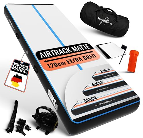 AthleticPro Airtrack Colchoneta [3 m/4 m/5 m de largo] – 120 cm extra ancha – 10/20 cm de altura – Esterilla hinchable para gimnasia de suelo y acrobacias incluye bomba eléctrica, kit de reparación y