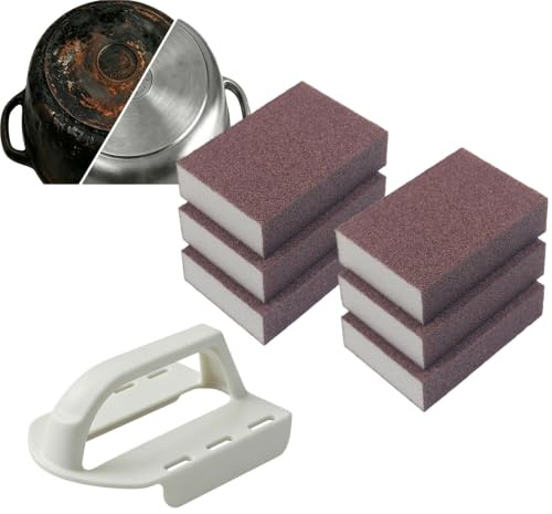 Karborundum-skrubbsvamp med avtagbart handtag, robust rostborttagare och skrubbsvamp för kastruller, stekpannor, köksredskap i rostfritt stål och grillredskap – slipande rengöringsblock (1 handtag, 6