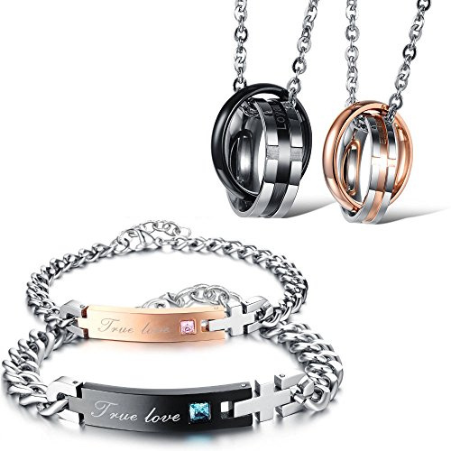 Kim Johanson Edelstahl Pärchen Schmuckset Armbänder & Ketten Loyalty für verliebte Roségold & Schwarz mit Cubic Zirkonia inkl. Schmuckbeutel