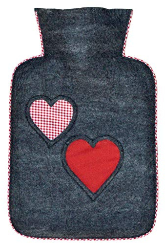 Hugo Frosch Öko-Wärmflasche 1,8 l mit grauem Merino-Filzbezug Herzen | Große Bettflasche Made in Germany, auslaufsicher & langlebig, Überzug aus 100 % Merinowolle, abnehmbar & handwaschbar