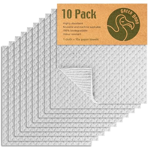 Grön Dodo Svensk disktrasa 10-pack - Miljövänlig, biologiskt nedbrytbar och hållbar svamp kökshandduk - absorberande och luktfria disktrasor för kök - återanvändbar kökssvamppappershandduk alternativ