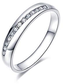 KnBoB Weissgold 18K Ring für Mädchen Klassisch Poliert Weiß Runde 0.12CT Diamant Eheringe Vorsteckring Gr 54 (17.2)