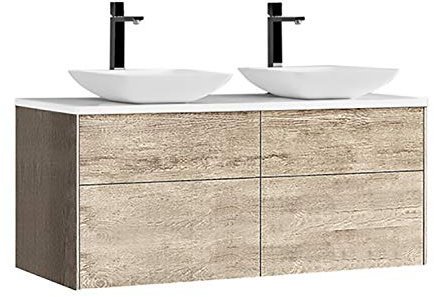StoneArt Badmöbel Set Mineralguss Waschbecken Waschschale Aufsatzwaschbecken und Unterschrank Waschtisch Einzel- oder Doppelwaschbecken Venice VE-1200pro-2 Eiche hell 120cm