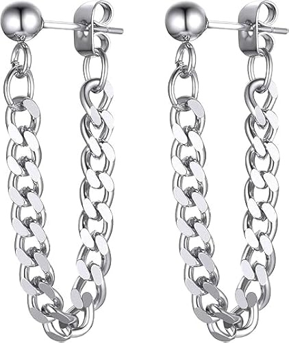 ChainsHouse Stud Earrings for Men Women,316L Stainless Steel/14K Gold/Black Plated Metal, Punk Hypoallergenic Surgical Huggie Hoop Earrings Mens Jewelry Piercing Hoop Earrings, Steel-Cuban Chain