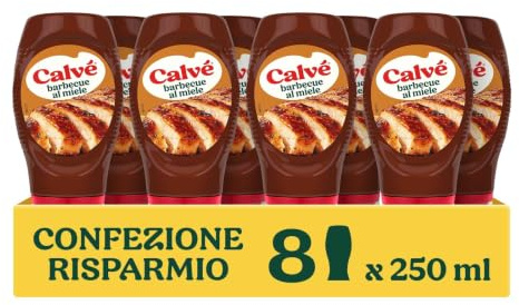 Calvé Salsa Barbeque al Miele, 8 Pezzi da 250 ml, Salsa Bbq al Miele, Ideale per Carni Bianche e dal Sapore più Intenso, Combina la Nota Affumicata con la Dolcezza del Miele, Bottiglia 100% Riciclata