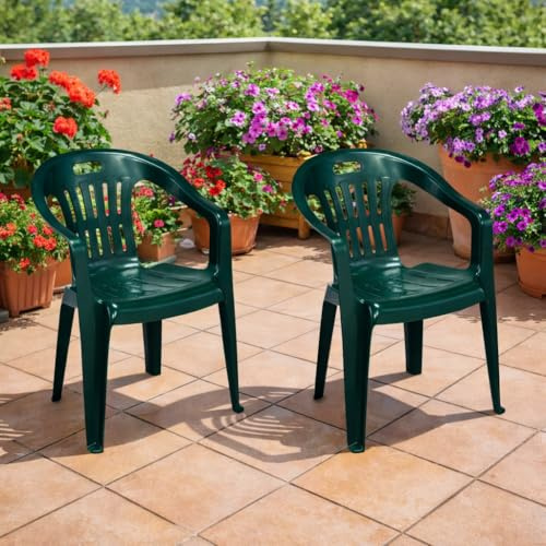Mojawo 2 Stück Stapelstuhl Gartenstuhl PIONA Bistrostuhl Gartensessel Balkonstuhl Kunststoff stapelbar Balkonmöbel Gartenmöbel Dunkelgrün