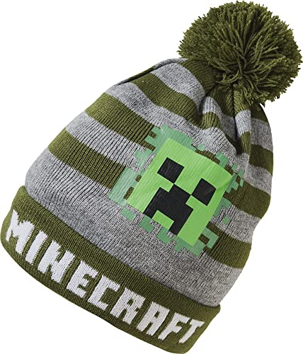 Minecraft Bonnet d'hiver pour enfant - Bonnet à pompon Creeper - Bonnet tricoté garçon - Taille 52/54 - Produit sous licence officielle - Vert/gris - Polyacrylique