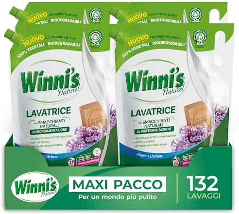Winni’s - Detersivo Lavatrice Ipoallergenico Ecoformato, 132 Lavaggi, Aleppo e Verbena, con Smacchianti Naturali da Biofermentazione e Materie Prime di Origine Vegetale, 1485mlx4 Confezioni
