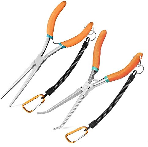 LEONTOOL 2 PCS Extra Long Needle Nose Pliers Bent Set Straight for Jewelry Making Fishing Hook Remover with Serrated Jaw Lanyard Hard-to-Reach Narrow Spaces, Yellow Green, 7''