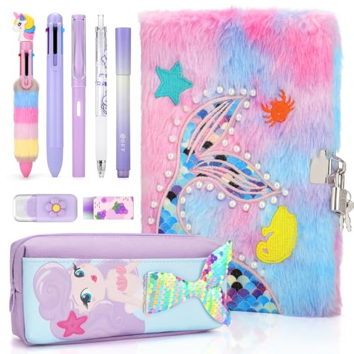 Anyfirst Plüsch Tagebuch mit Schloss Mädchen, Meerjungfrau Plüsch Tagebuch Set mit Stift, Federmäppchen & Notizbuch Kinder, Geschenke für 6 7 8 9 10 11 12 Jahre